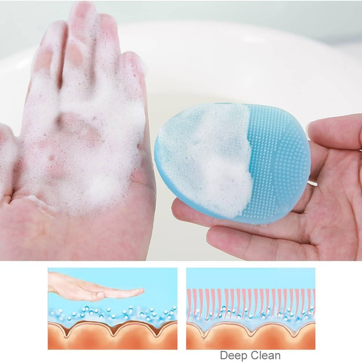 Blue silicone facial cleansing brush showing suds on the textured dot surface