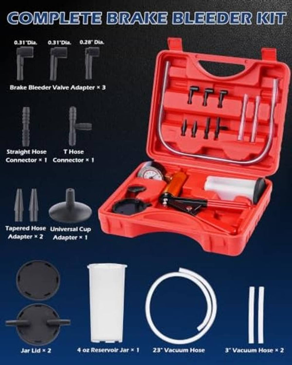 Complete brake bleeder kit with red case, vacuum pump, adapters, hose, and reservoir