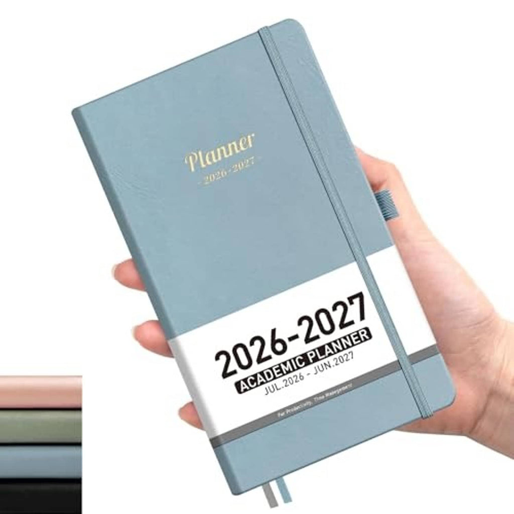 Gray-blue pocket planner calendar cover with gold “Planner” and “2026–2027 Academic Planner”