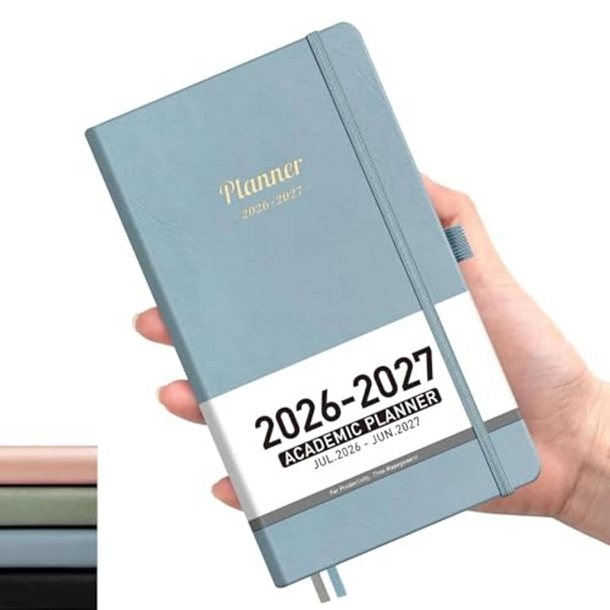 Gray-blue pocket planner calendar cover with gold “Planner” and “2026–2027 Academic Planner”