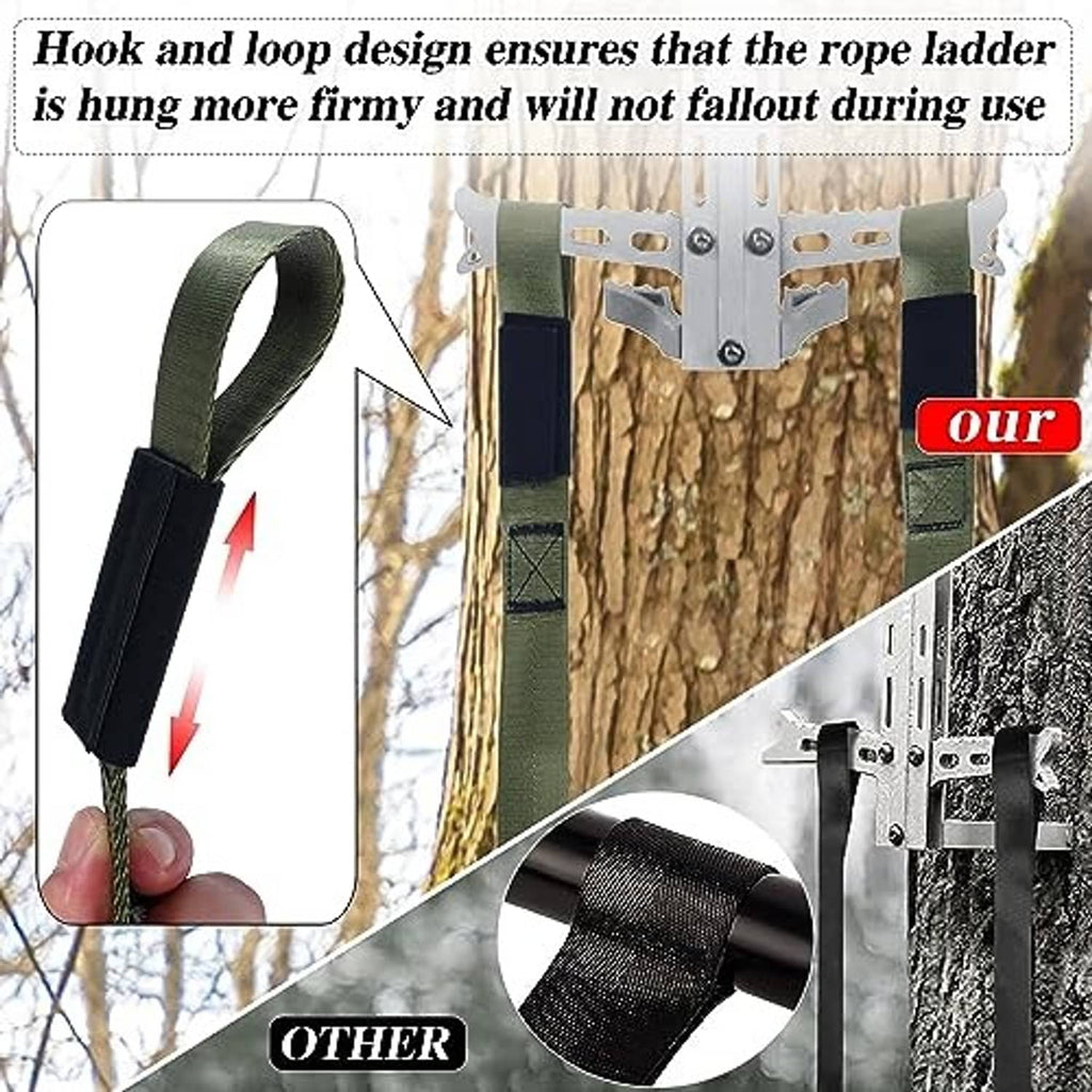 Climbing stick aider hook-and-loop strap for securing a rope ladder