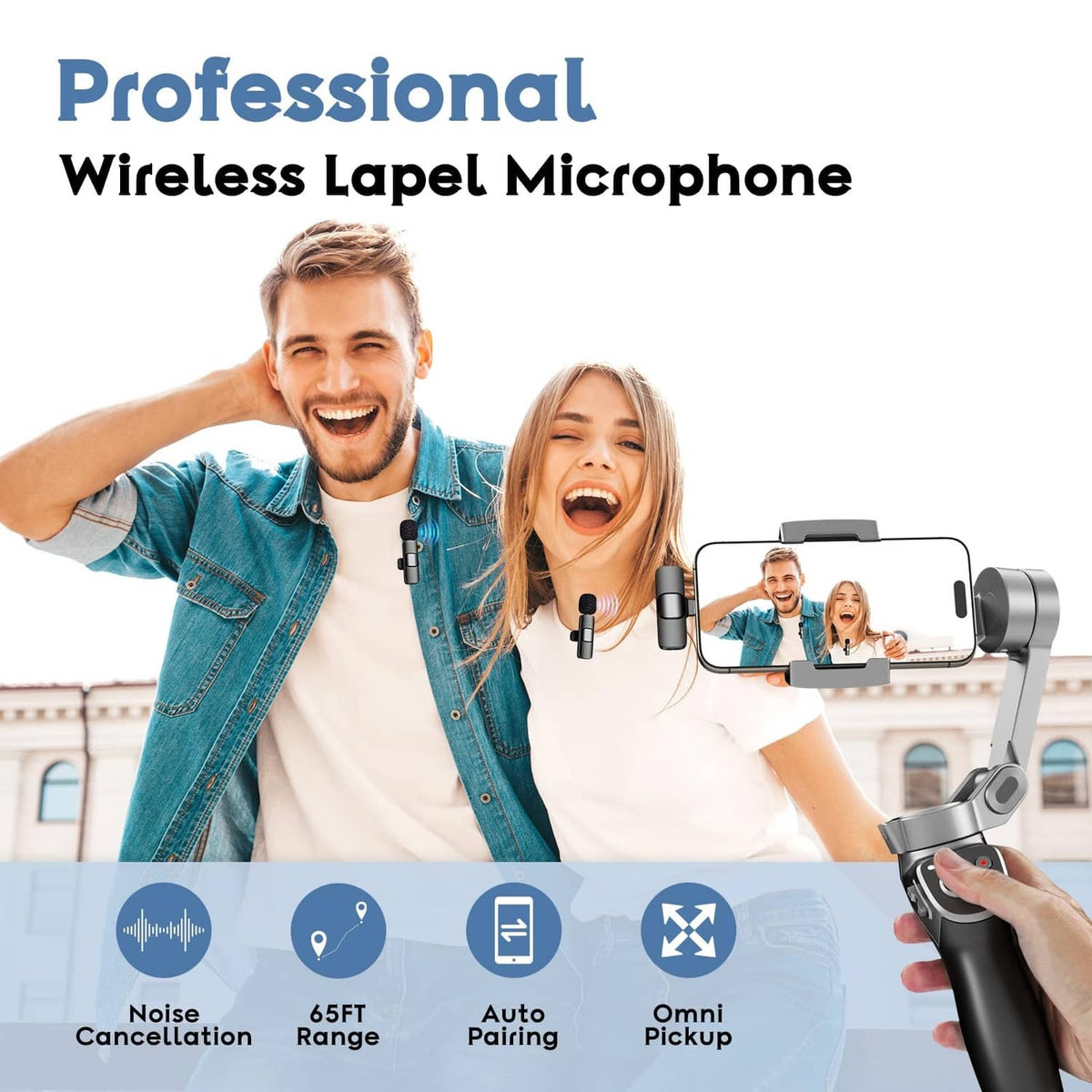 Wireless lapel microphone kit with two black mics and receiver for phone