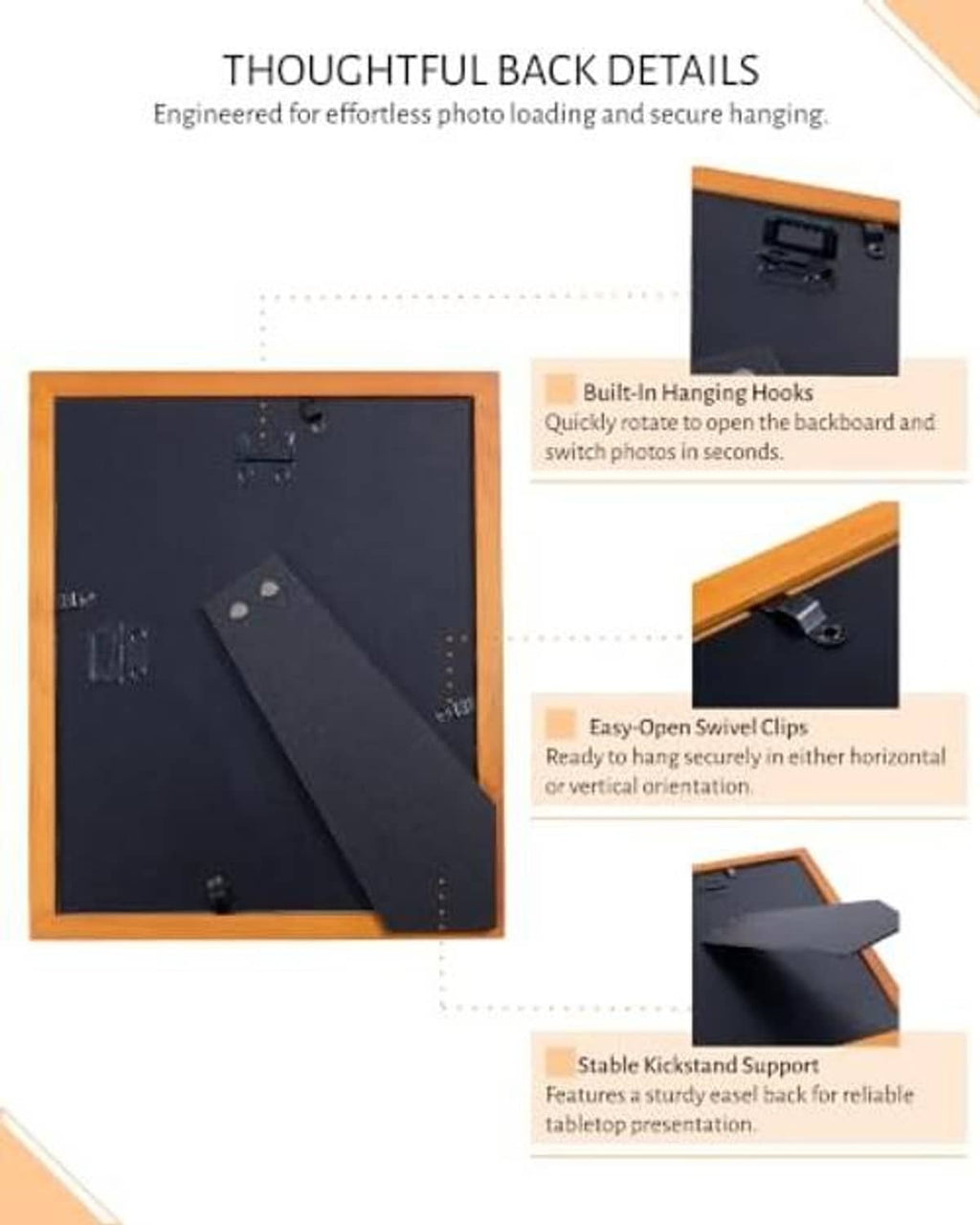 Back of light wood picture frame with hanging hooks and secure photo clips