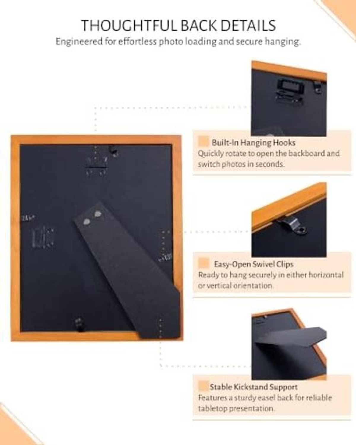 Back of light wood picture frame with hanging hooks and secure photo clips