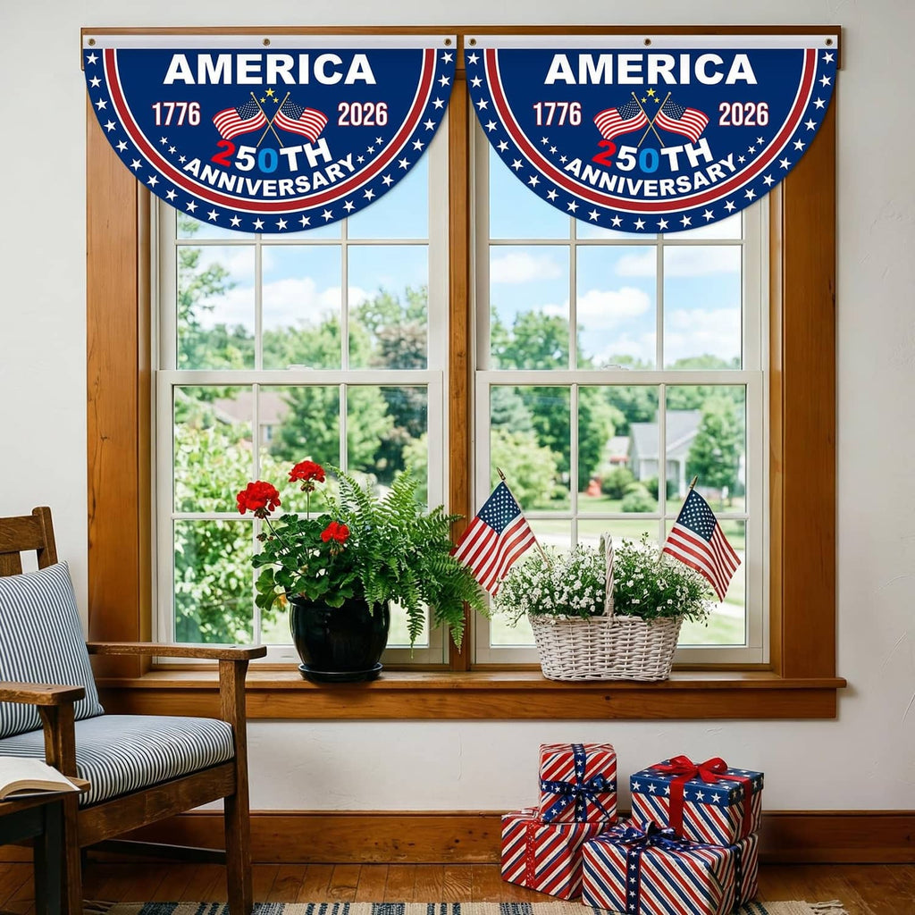 USA 250th anniversary bunting: two blue semicircle banners above front window