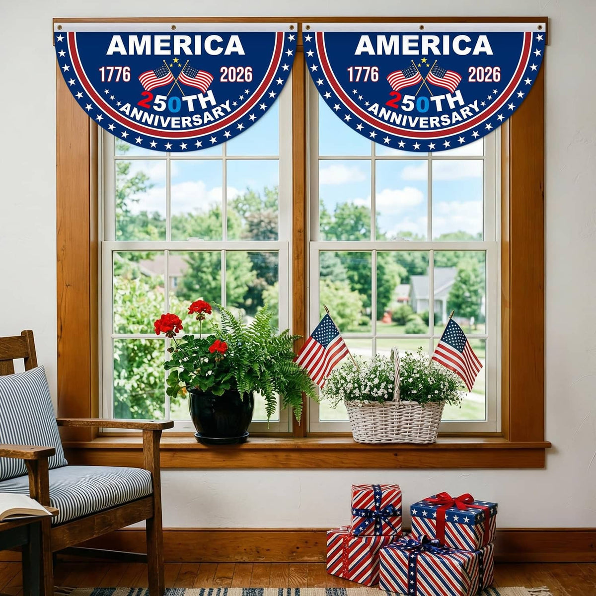 USA 250th anniversary bunting: two blue semicircle banners above front window