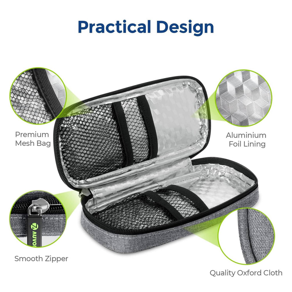 Gray insulin cooler case with mesh insert, silver foil lining, and smooth zipper