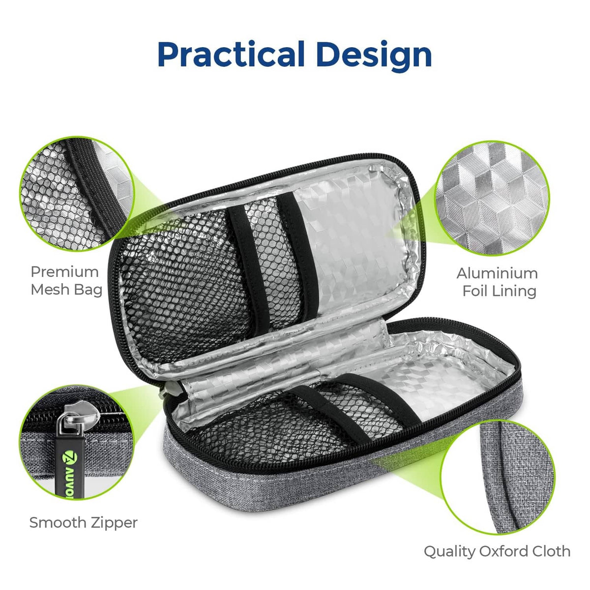 Gray insulin cooler case with mesh insert, silver foil lining, and smooth zipper