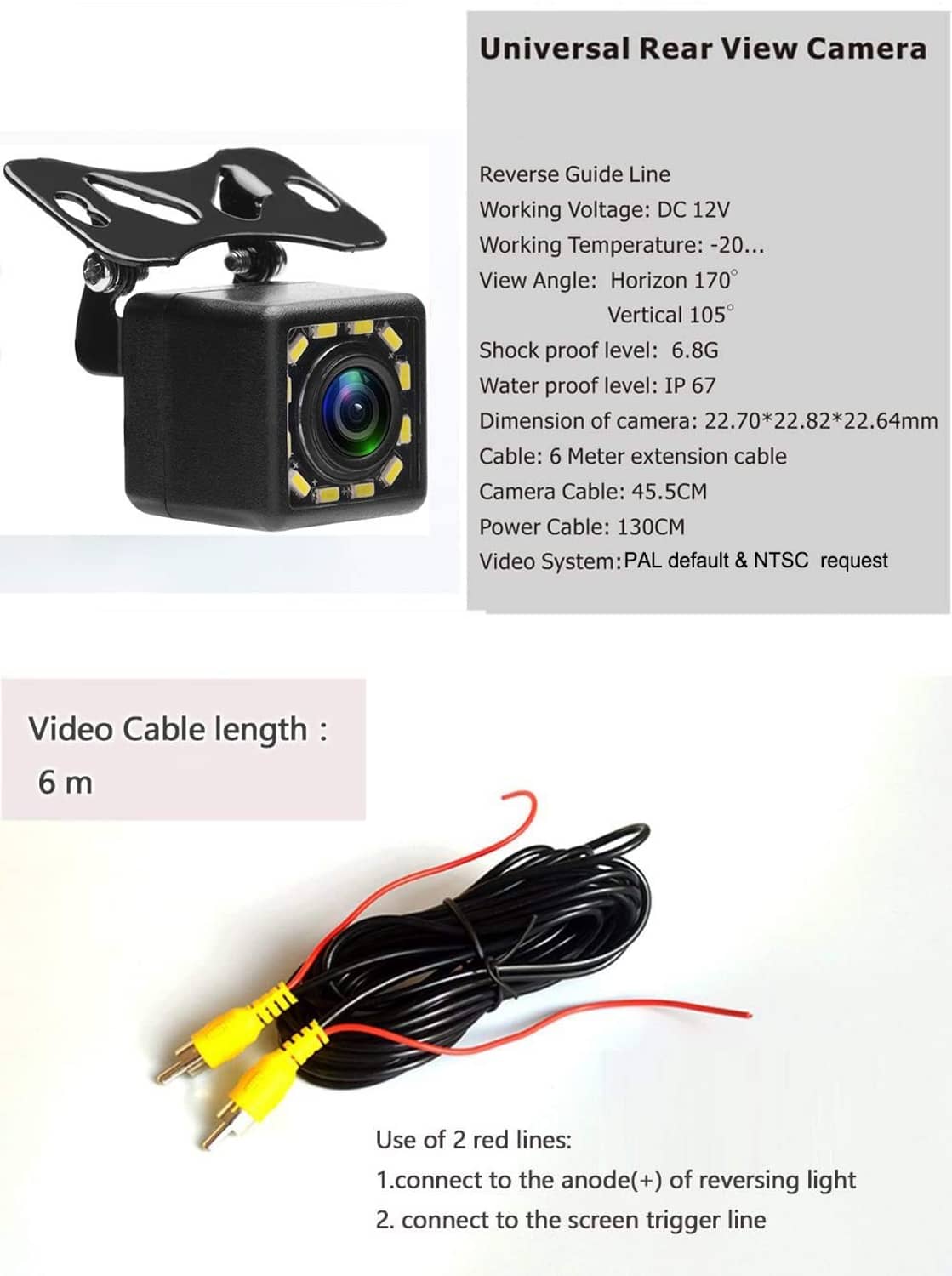 Car backup camera kit with rear-view lens, mounting bracket, and RCA video cable