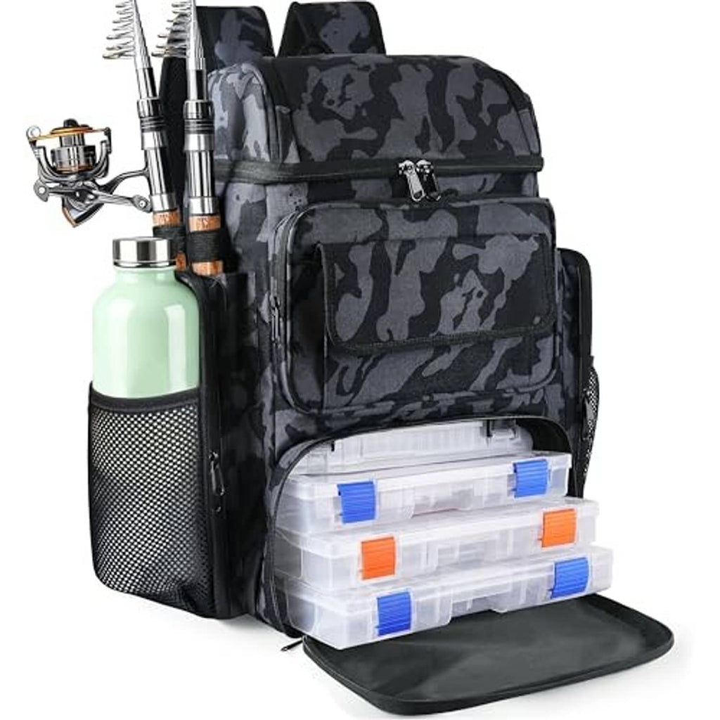 Camouflage black fishing tackle backpack with rod holders and clear multi-compartment tackle box storage