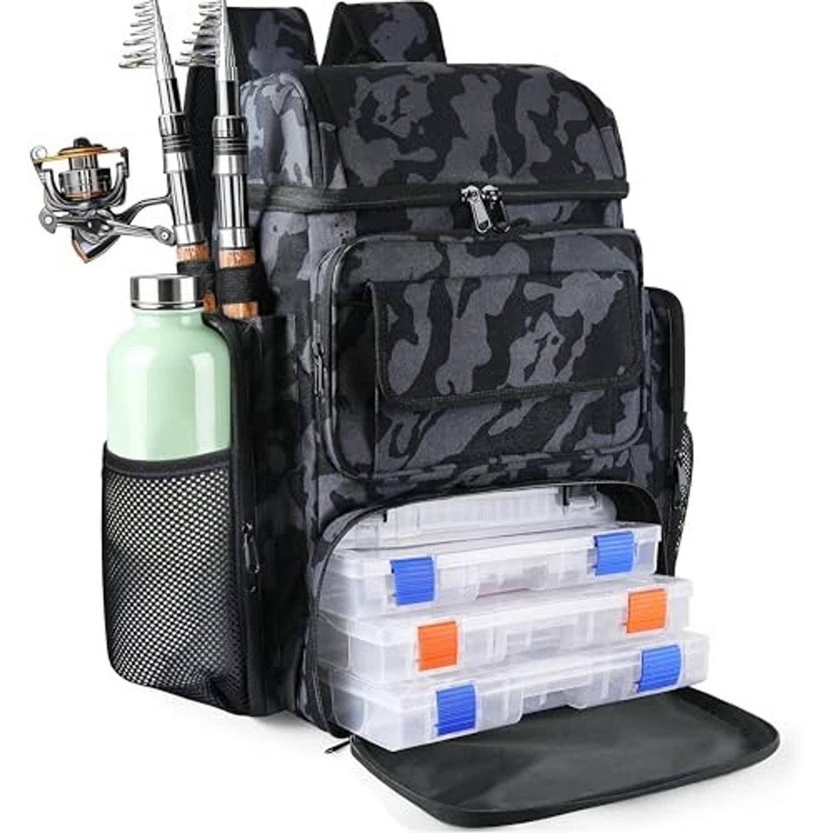 Camouflage black fishing tackle backpack with rod holders and clear multi-compartment tackle box storage