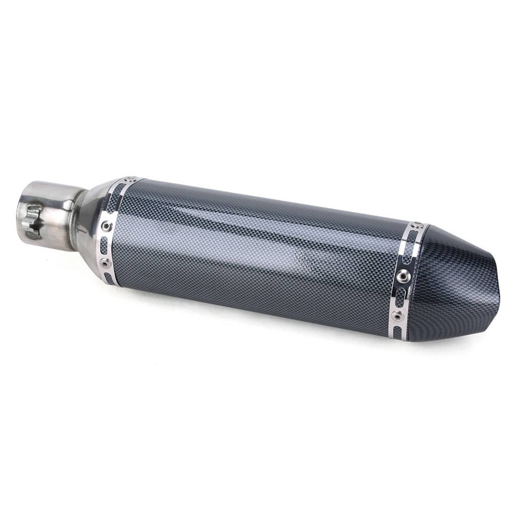 Compact exhaust muffler with carbon-fiber texture, stainless end cap, and outlet bracket