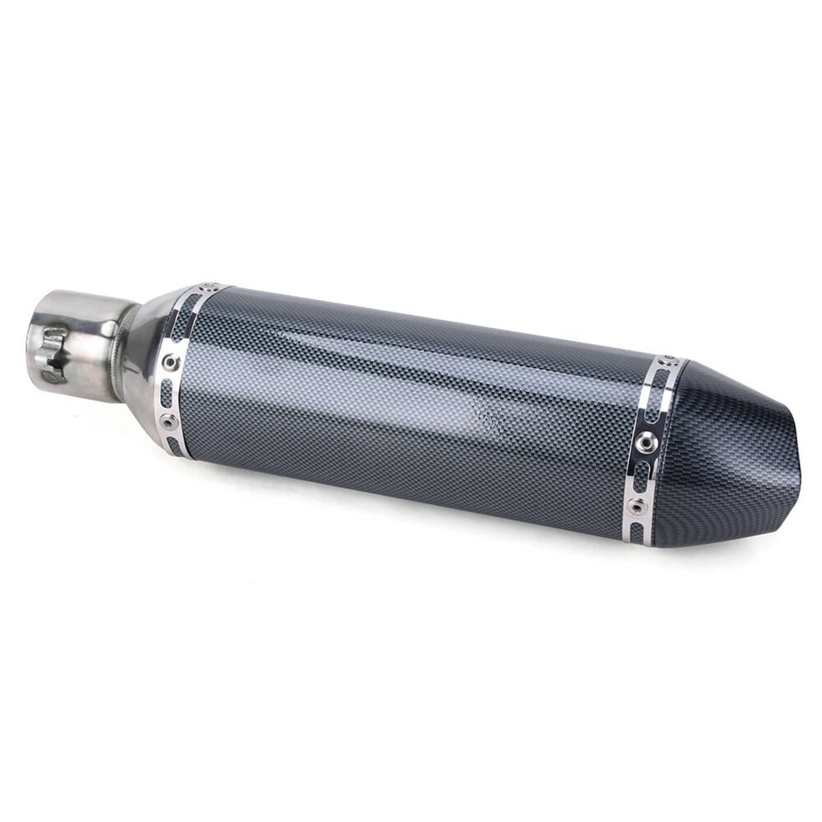 Compact exhaust muffler with carbon-fiber texture, stainless end cap, and outlet bracket
