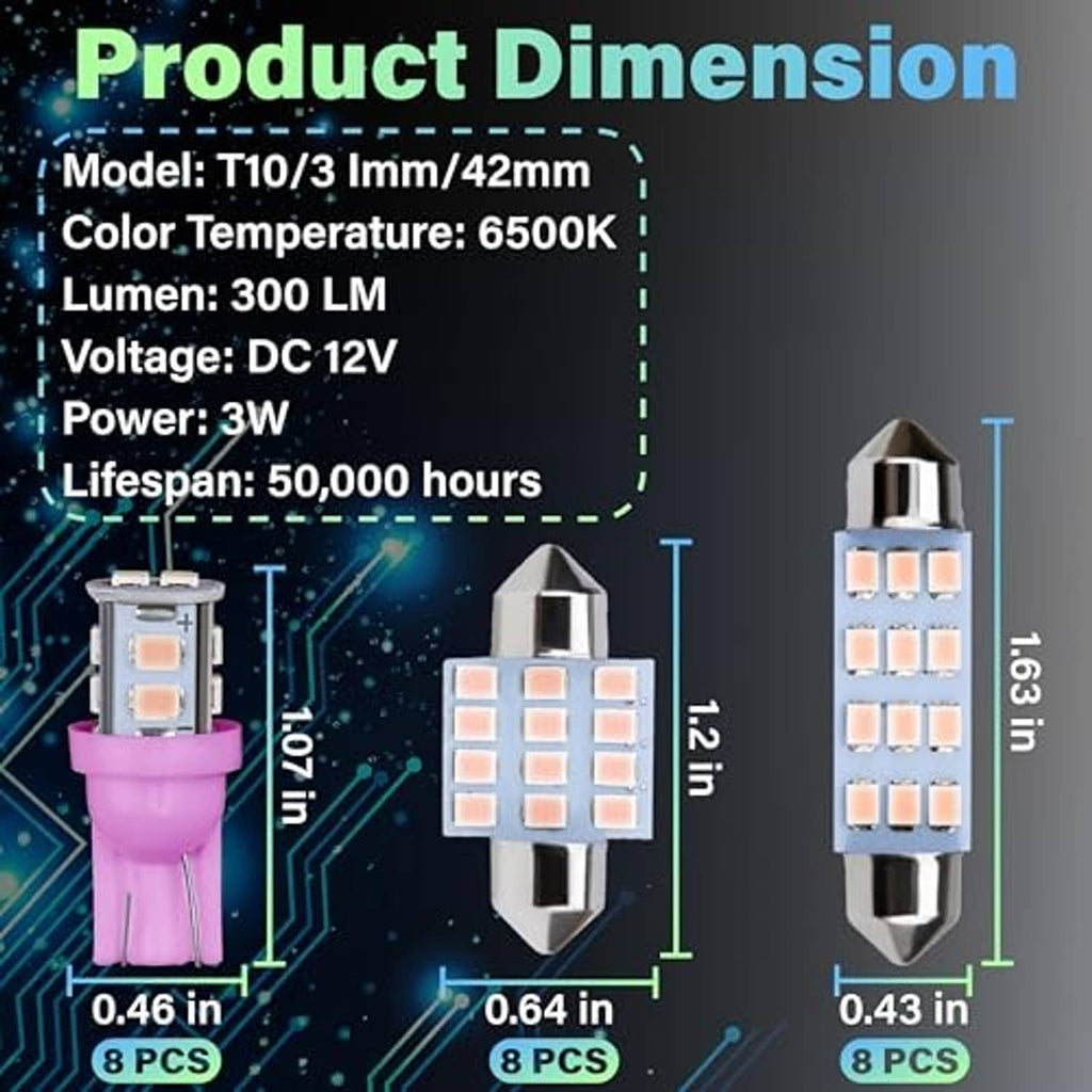 Pink T10 LED dome bulb shown with a dimension diagram and LED chip layout