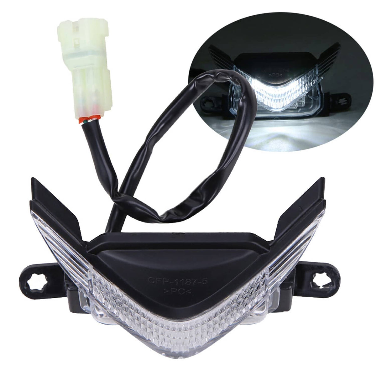 Front upper headlight lamp assembly with wiring plug and black housing, clear lens