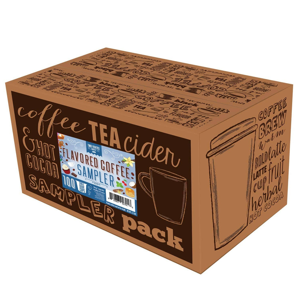 Brown coffee and tea sampler pack box with panel showing 100 count details