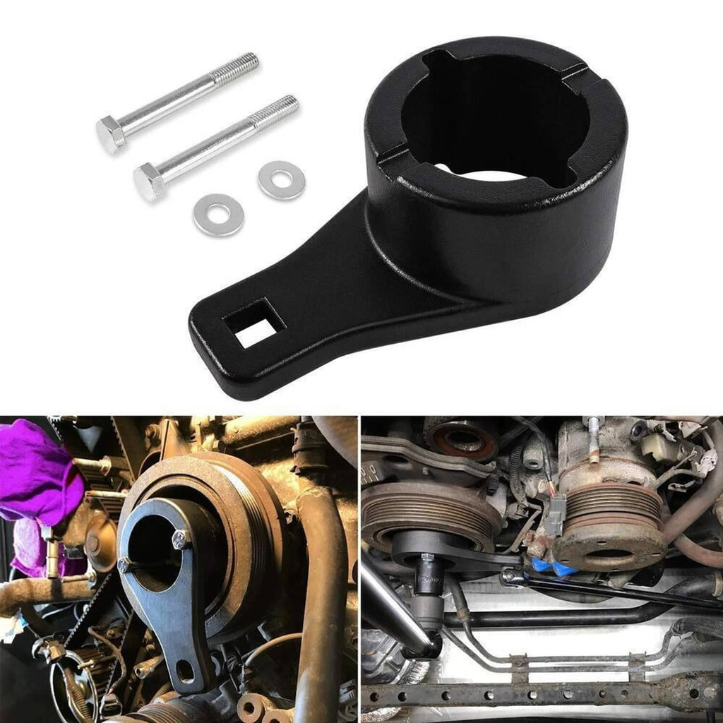 Black harmonic damper pulley holding tool with two bolts and two washers set