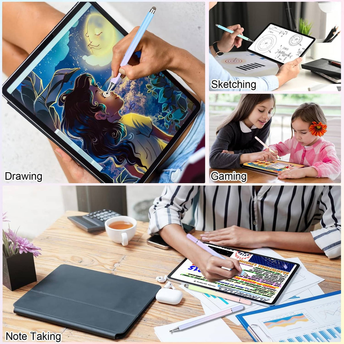 Stylus pen drawing and note taking on a tablet by a person