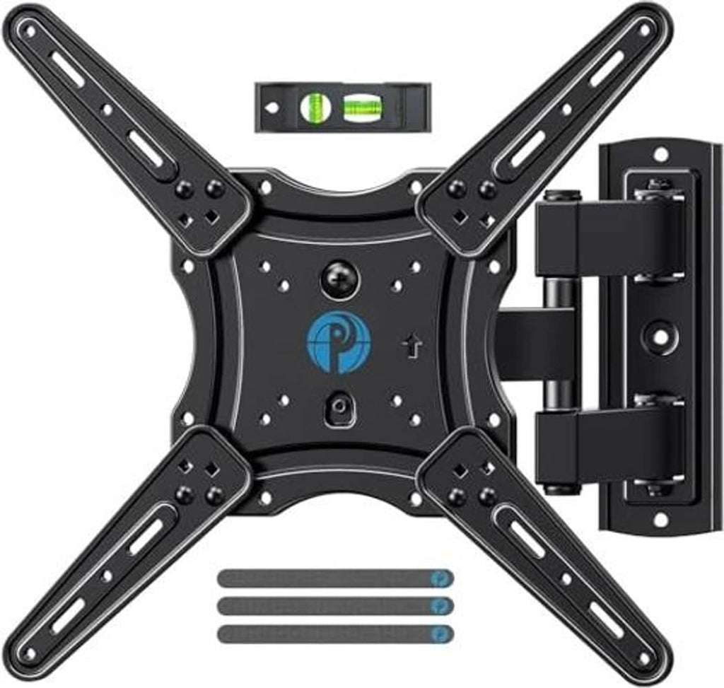 Full-motion TV wall mount bracket with wall plate, black, adjustable tilt swivel arms