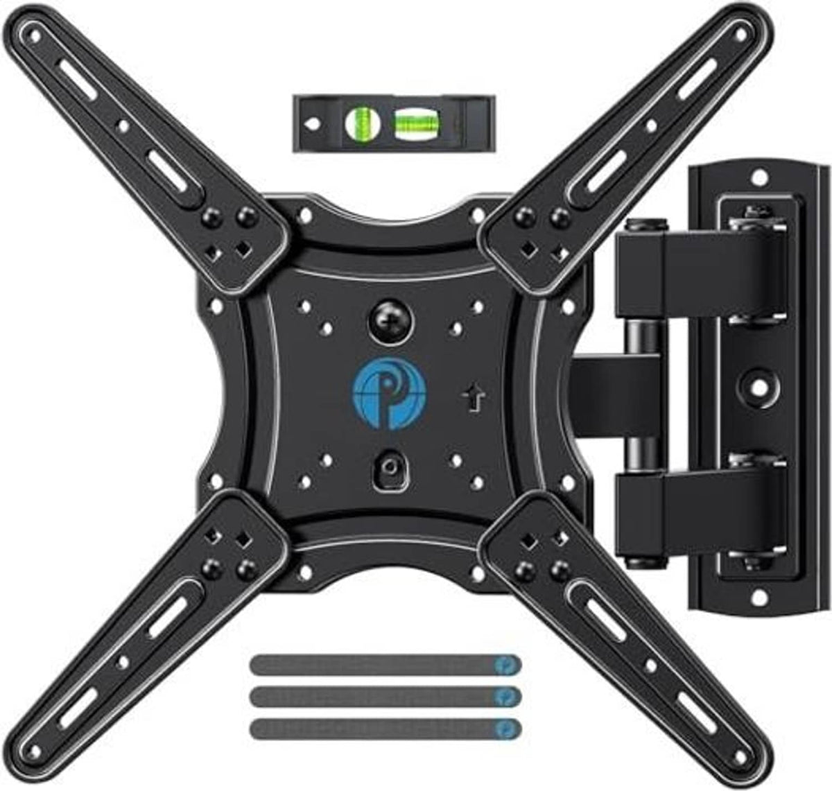 Full-motion TV wall mount bracket with wall plate, black, adjustable tilt swivel arms