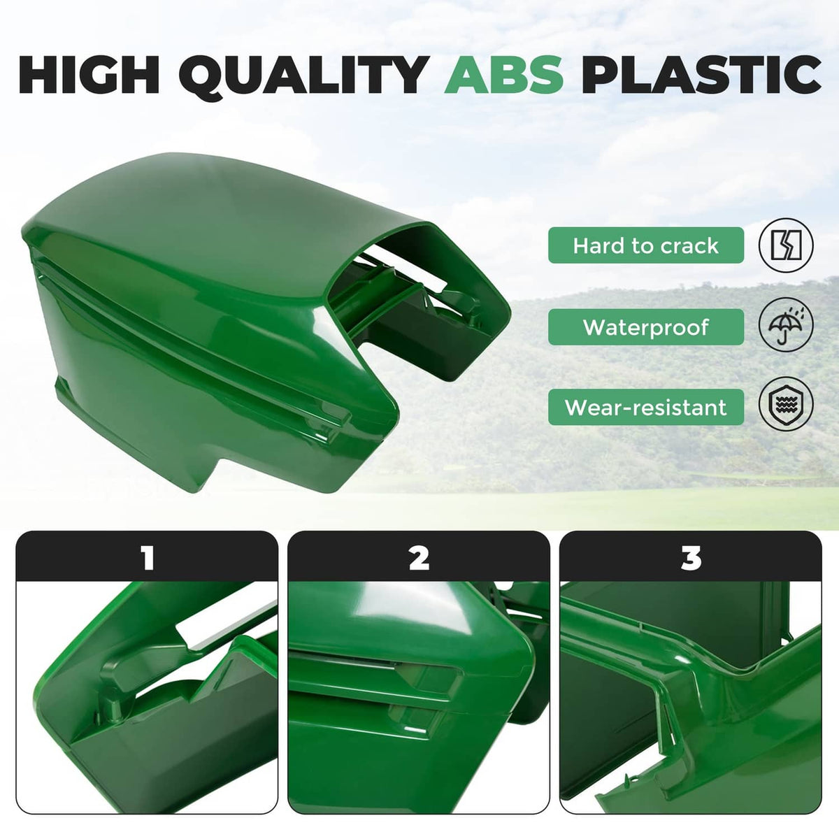 Green ABS mower hood with side opening and molded support sections