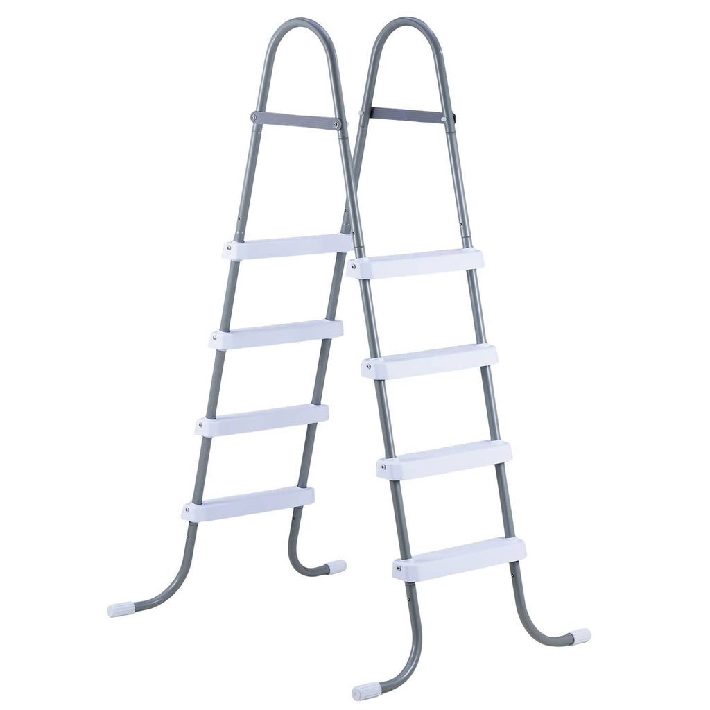 Gray 4-step A-frame steel pool ladder with U-shaped side supports and curved feet