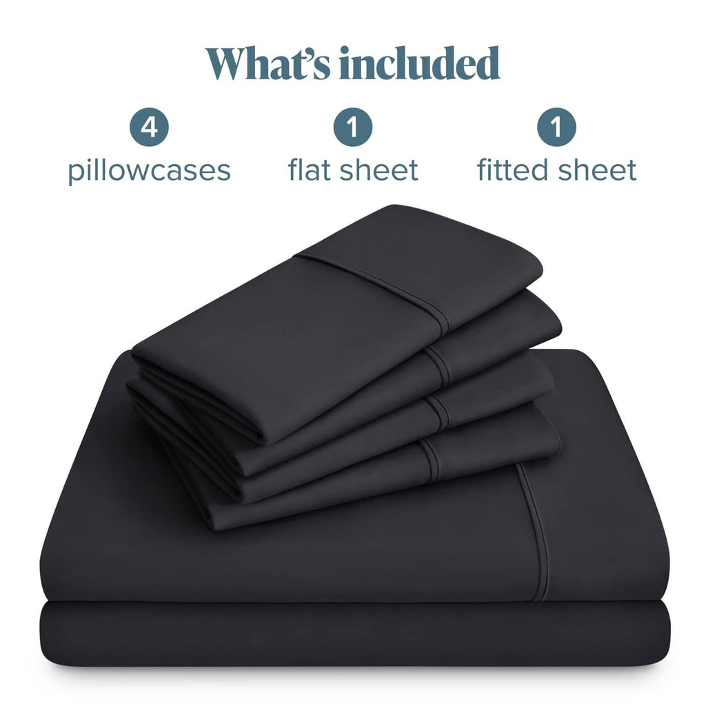 Black bed sheet set, folded flat and fitted sheets.