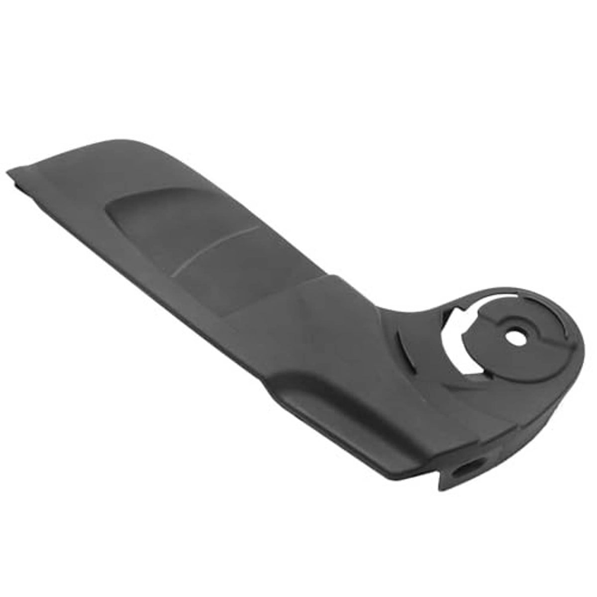 Front driver-side seat shield outer cover, dark gray plastic, side view with round mounting hole.