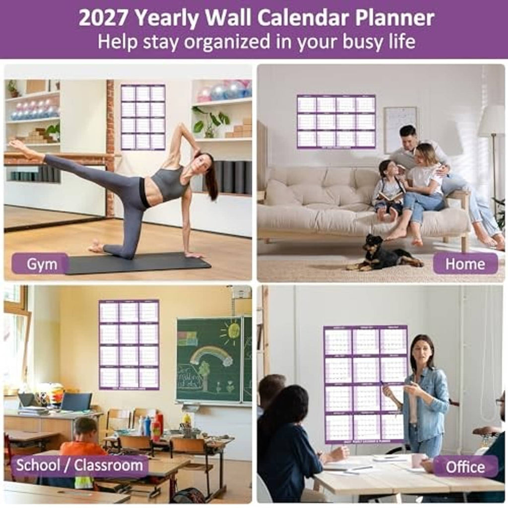 Purple 2027 yearly wall calendar planner shown for home, office, school, and gym