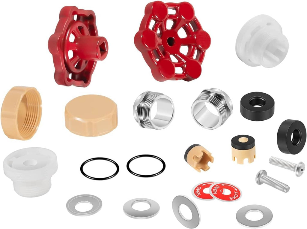 Outdoor faucet repair kit parts with red valve heads, black rings, white caps, and seals