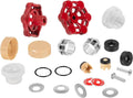 Outdoor faucet repair kit parts with red valve heads, black rings, white caps, and seals
