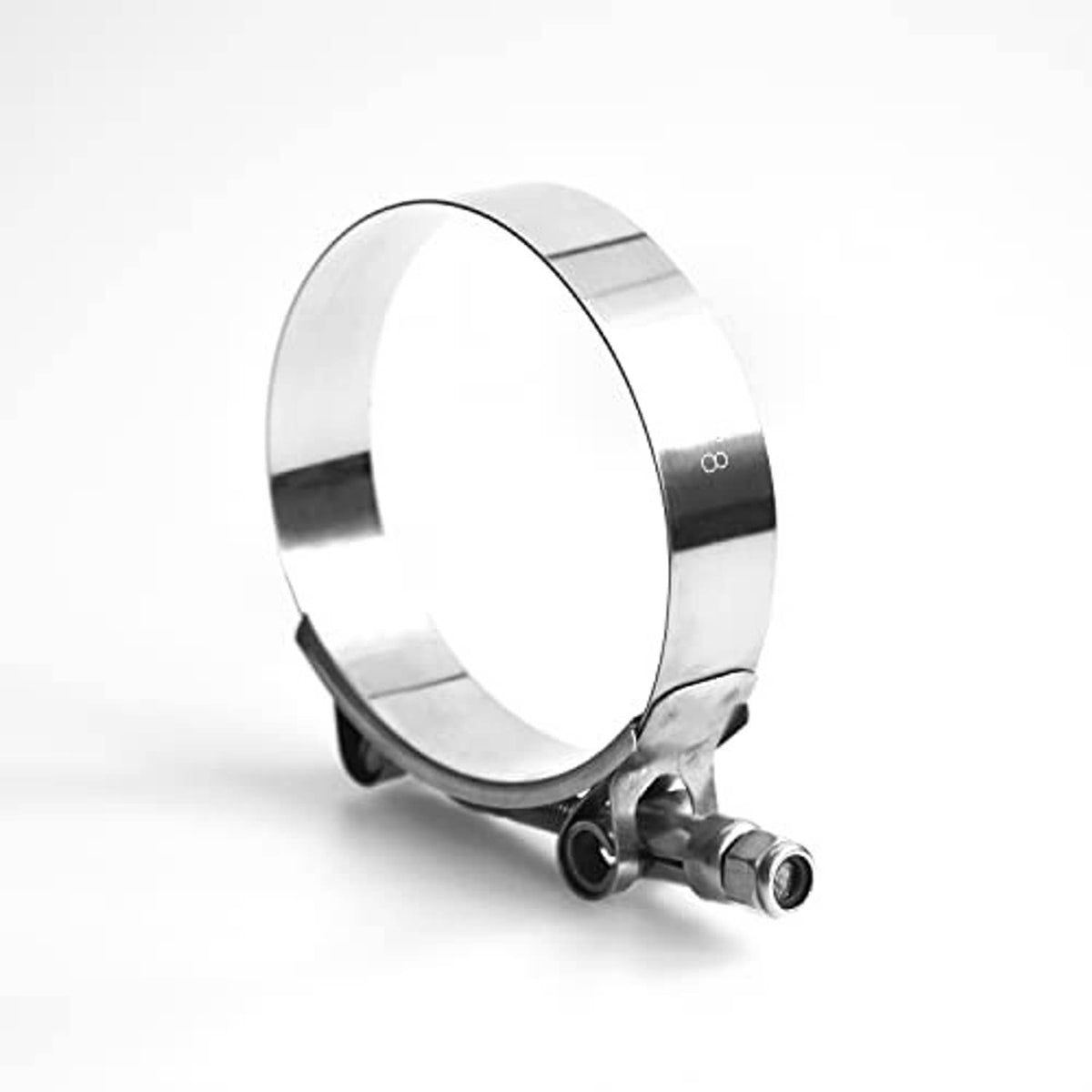 Stainless steel T-bolt hose clamp with pivoting band bracket and bolt assembly