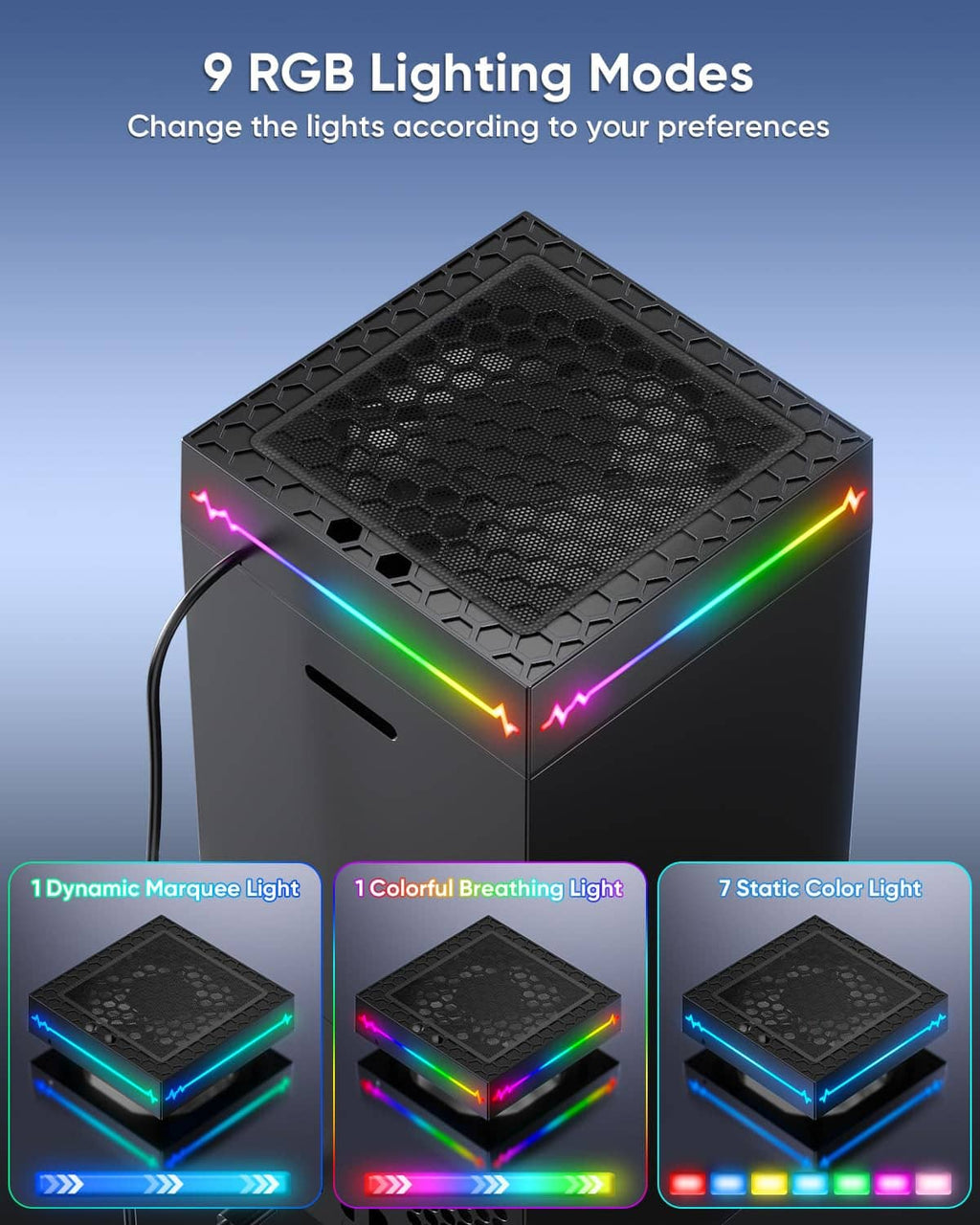 Black cooling fan with top mesh grille and 9-mode RGB lighting effects