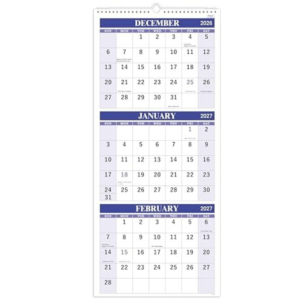 3-month wall calendar with December 2026, January 2027, and February 2027 pages; hanging hole