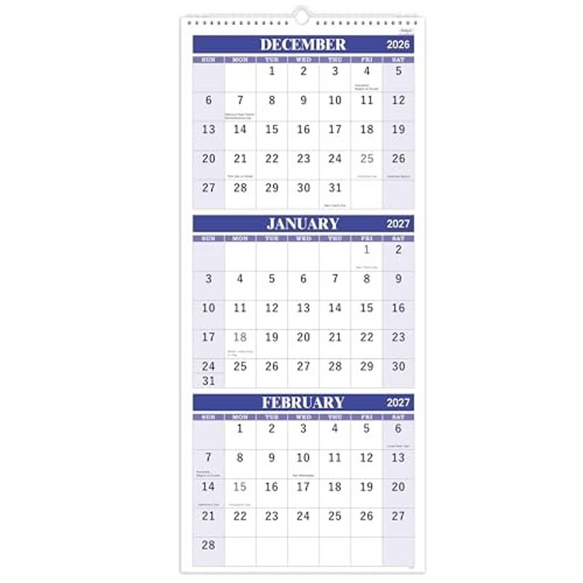 3-month wall calendar with December 2026, January 2027, and February 2027 pages; hanging hole