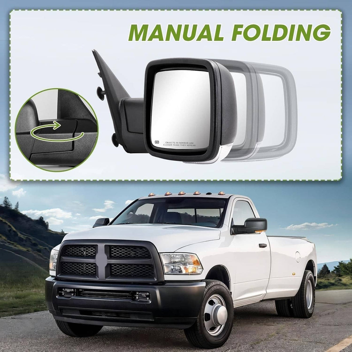 Pair of black manual fold side mirrors with clear mirror glass