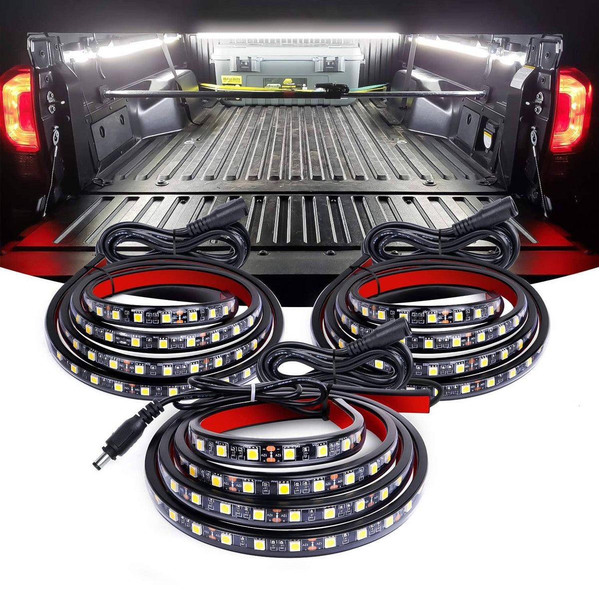 Nilight 60-inch LED light strips with three flexible tape rolls and control switch.