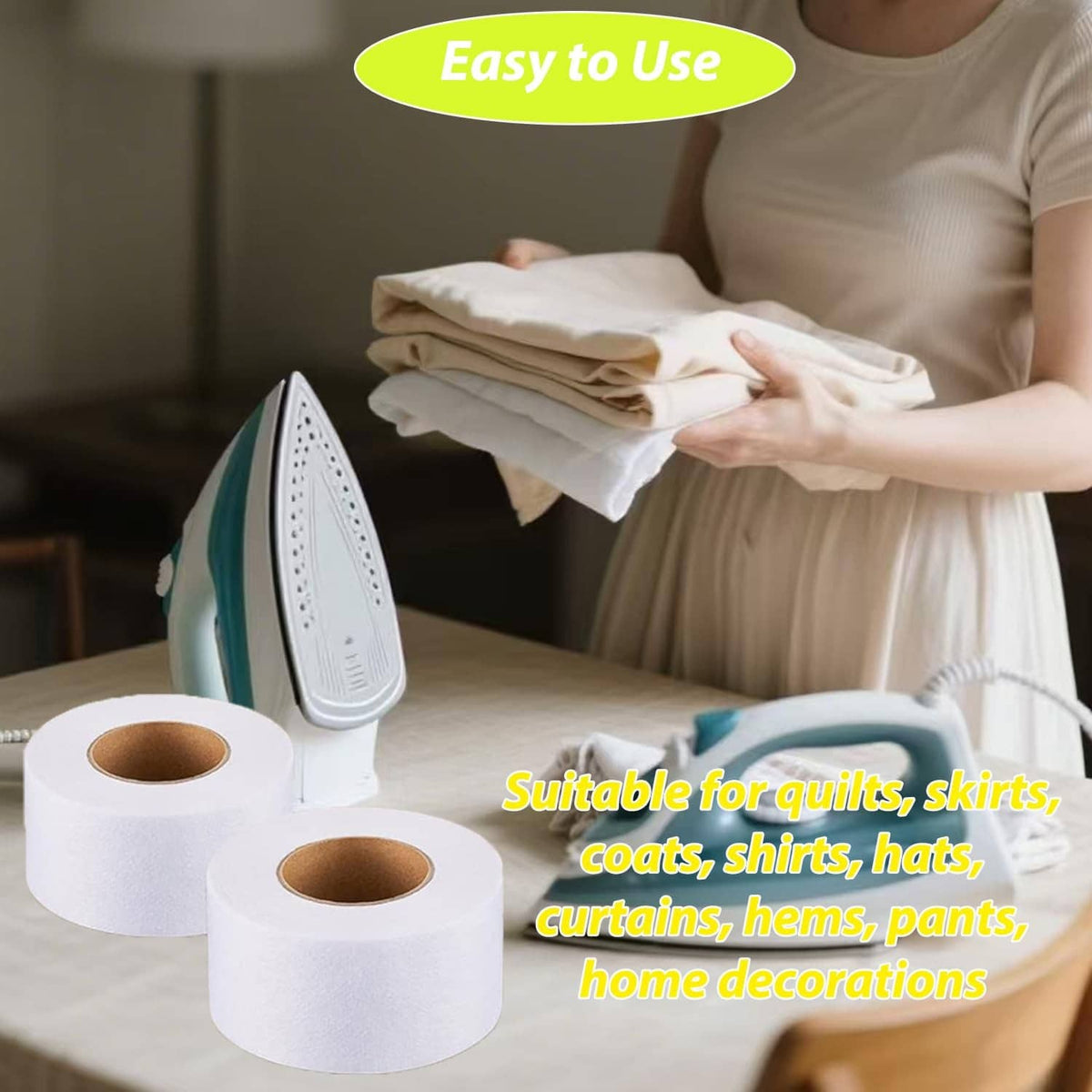 White fusible batting tape rolls next to an iron for use on quilts and garments