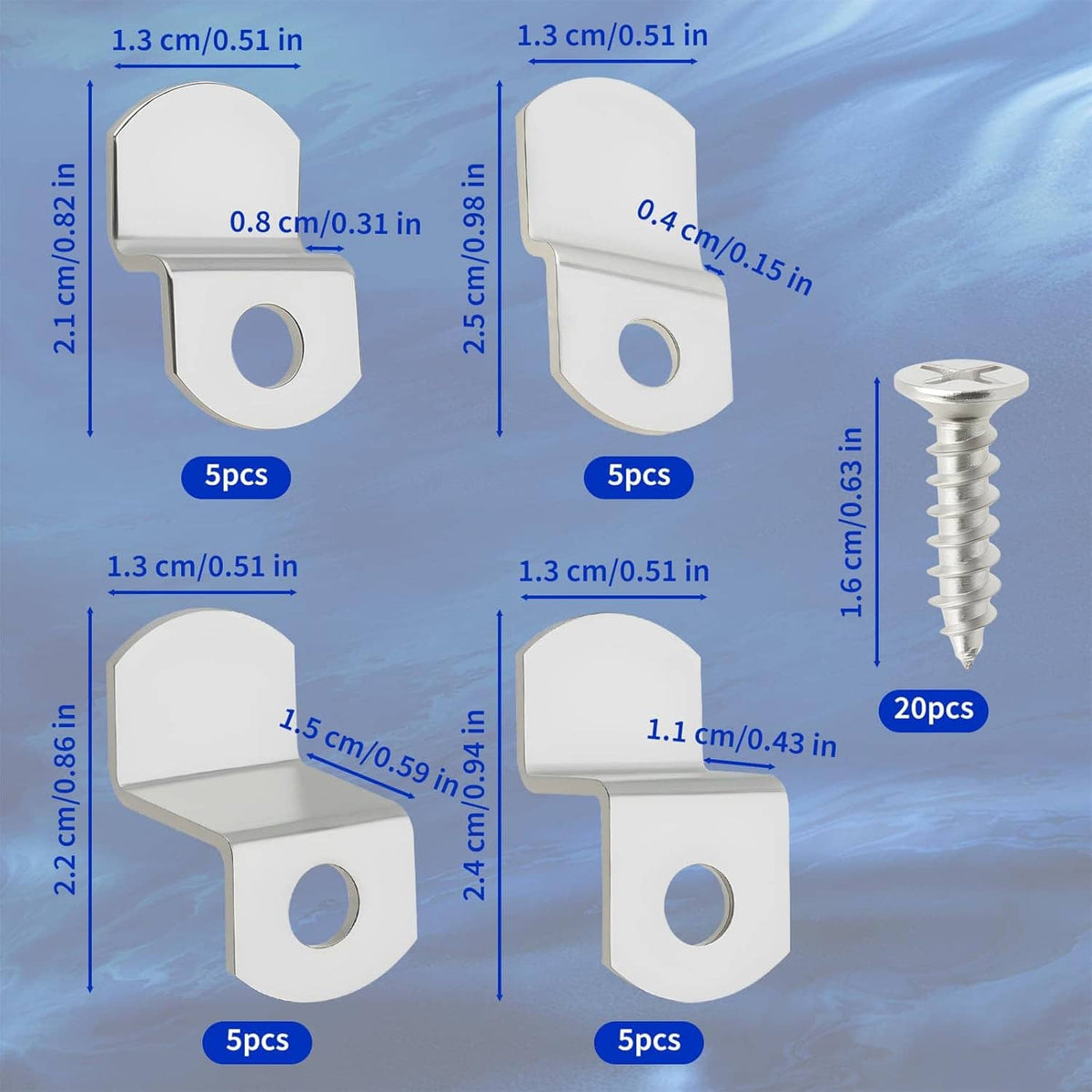 Offset picture frame canvas clips with screws, shown with size measurements diagram