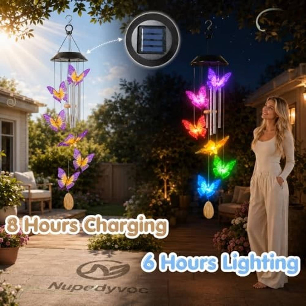 Solar LED butterfly wind chime with multicolor glow and a wooden striker disc at the bottom