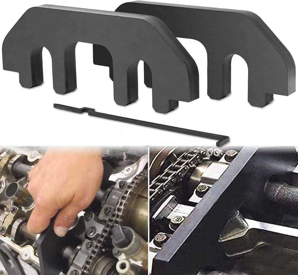 Black camshaft holding tool with alignment pin, shown for engine timing use
