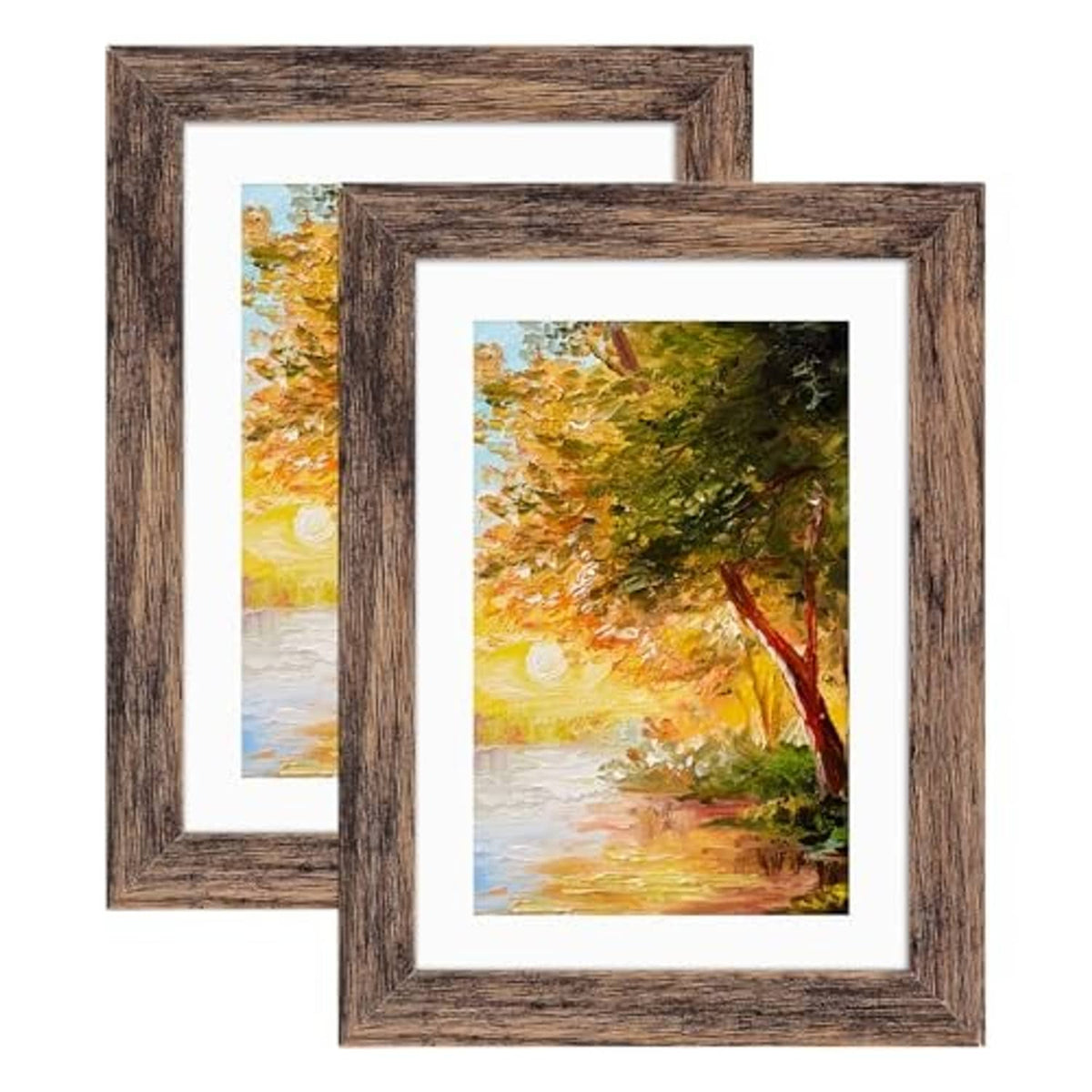 Rustic brown picture frame with white mat, front view.