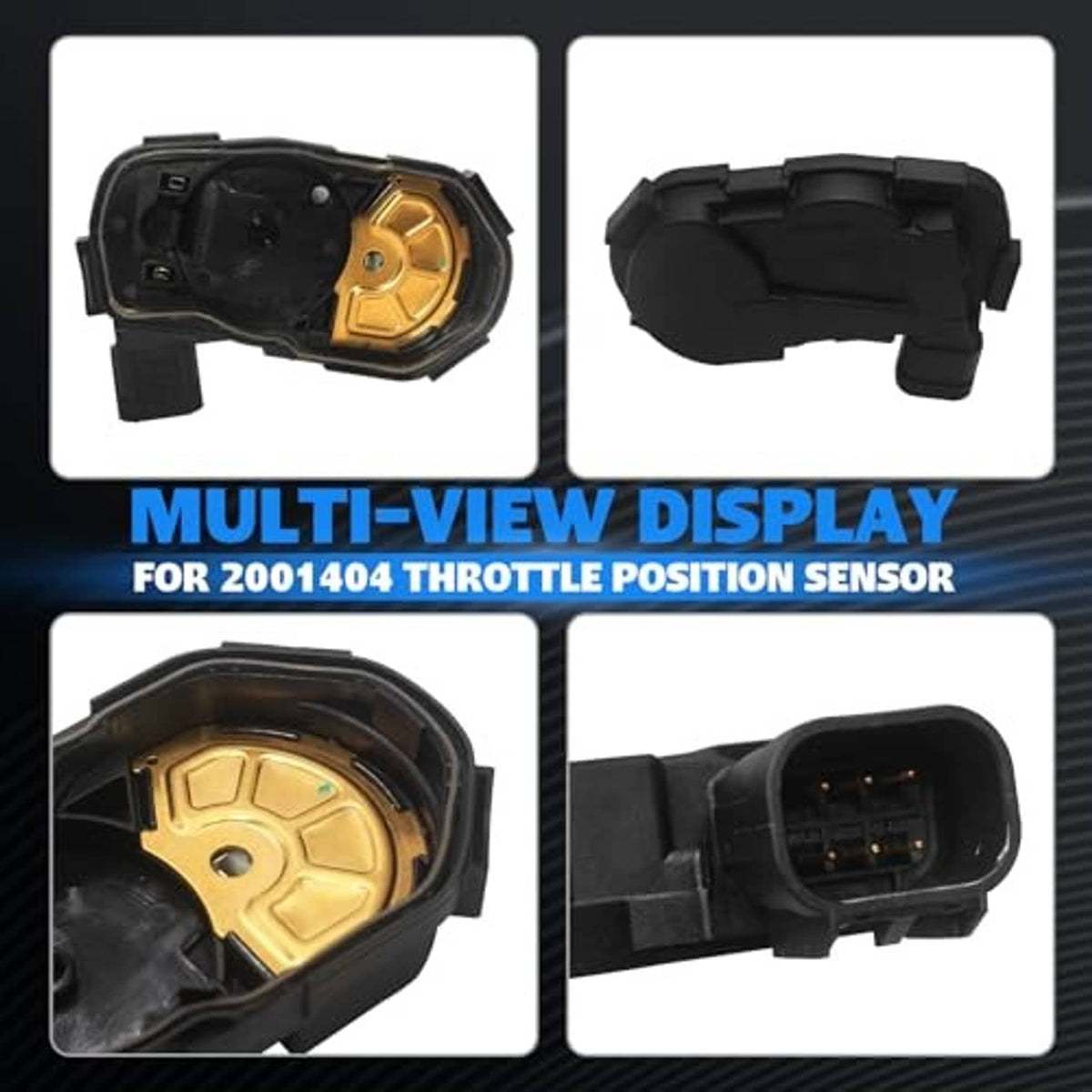 Throttle position sensor multi-view showing black housing and gold-toned contact plate