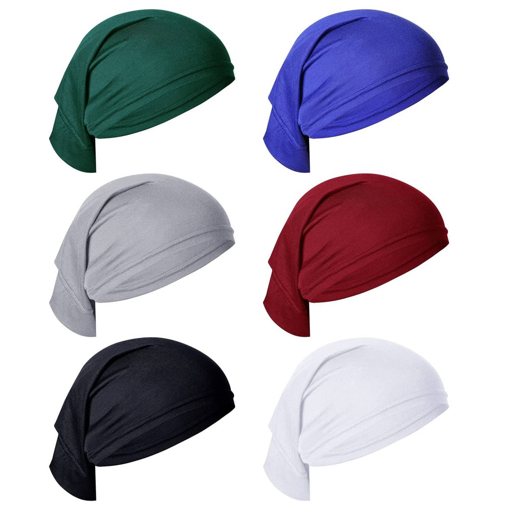 Six-pack head wrap tube caps in green, blue, grey, red, black, and white