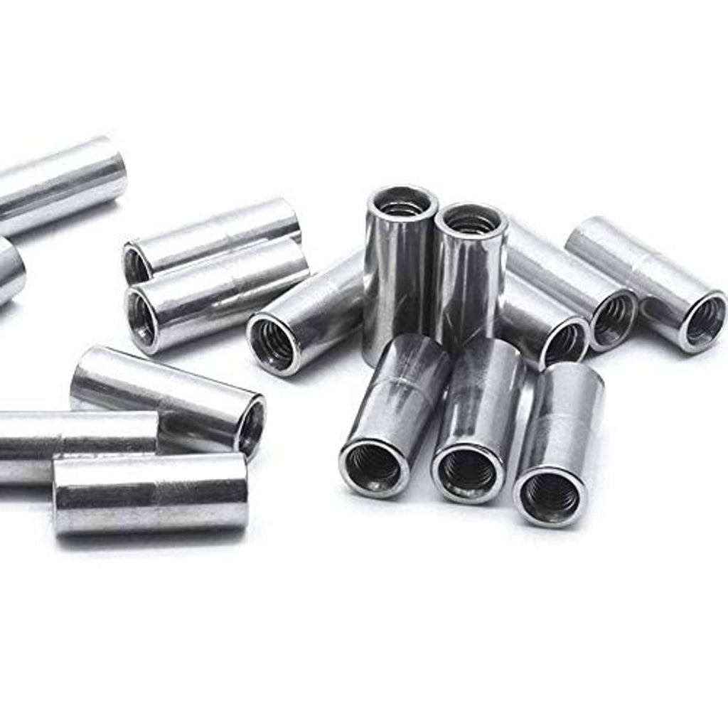 Cluster of round coupling nuts with cylindrical bodies and visible threaded openings