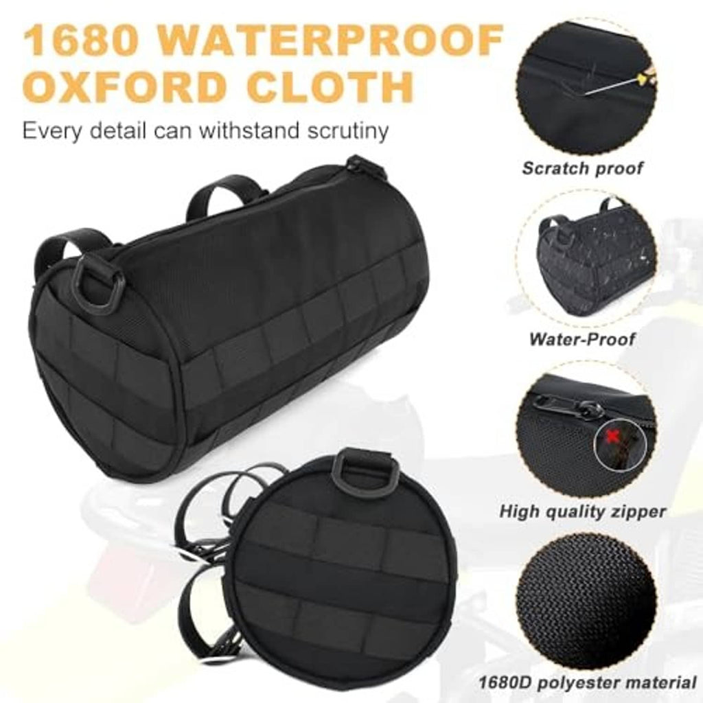 Black waterproof motorcycle fork bag with zipper and included round accessory pouch