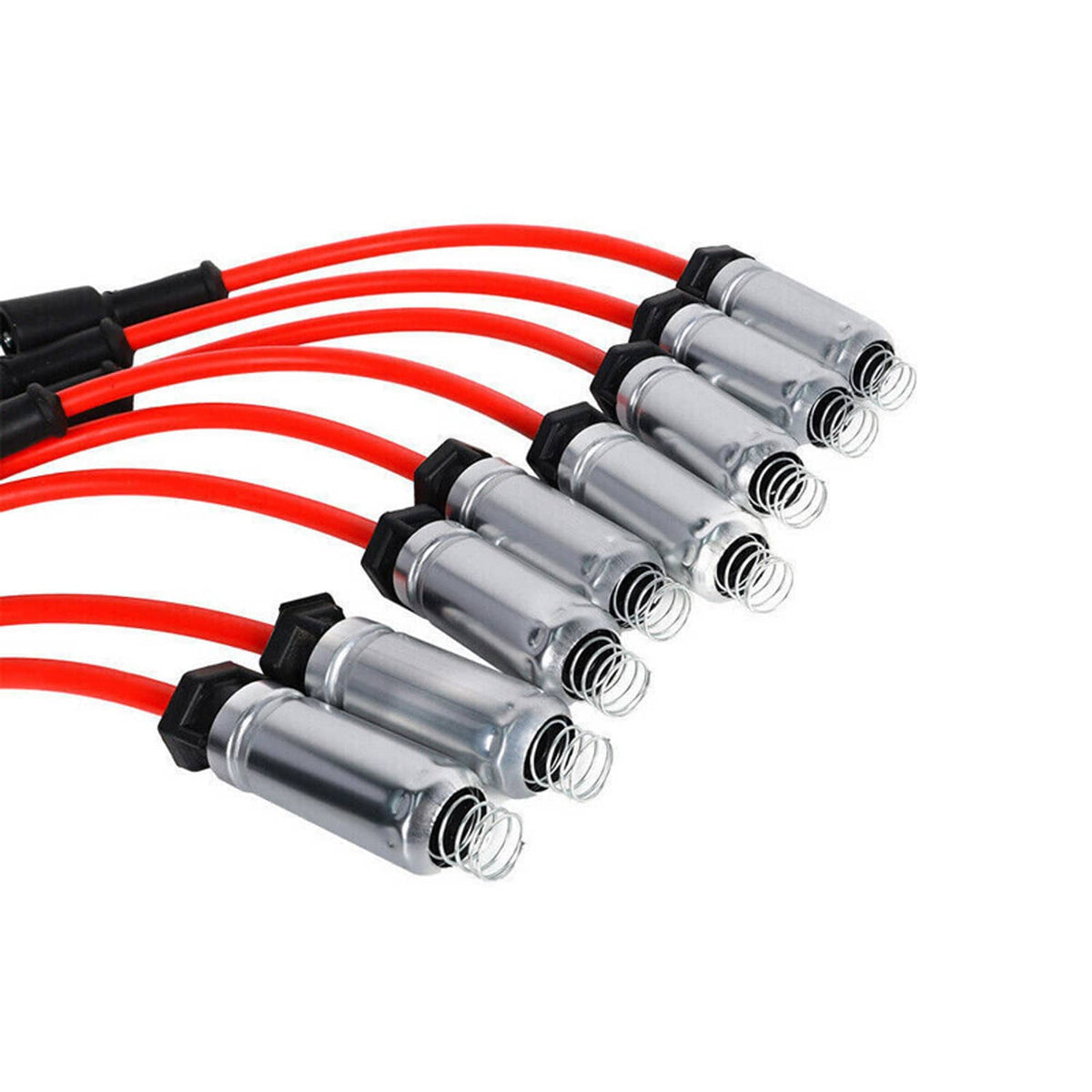 Spark plug wire set with red leads, multiple silver terminals, and black boots.