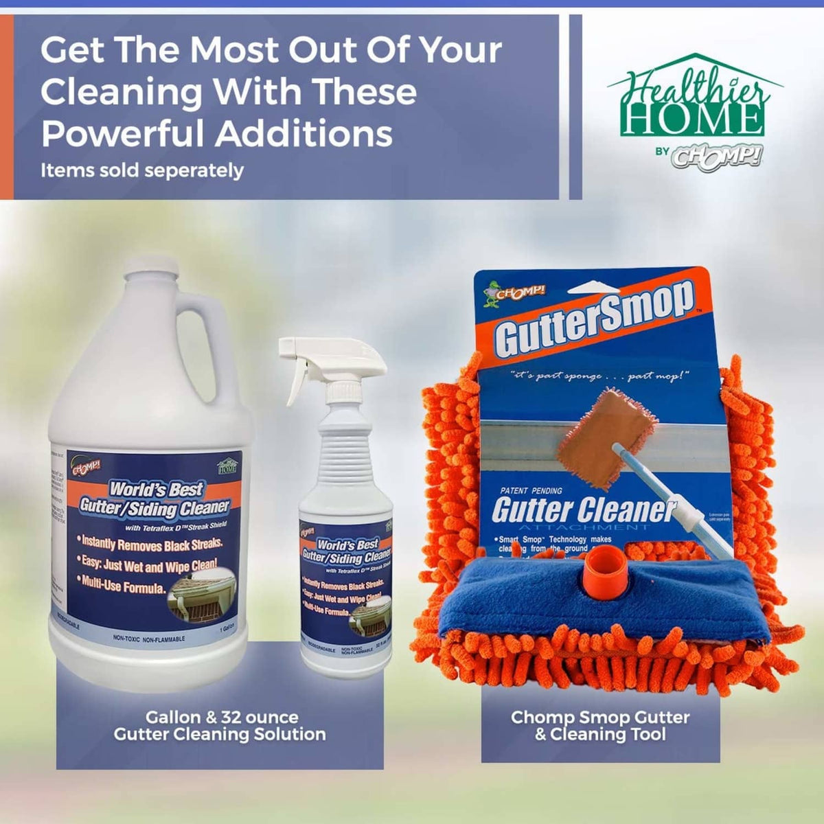 Gutter cleaner kit with 1-gallon bottle, spray bottle, and cleaning mop tool