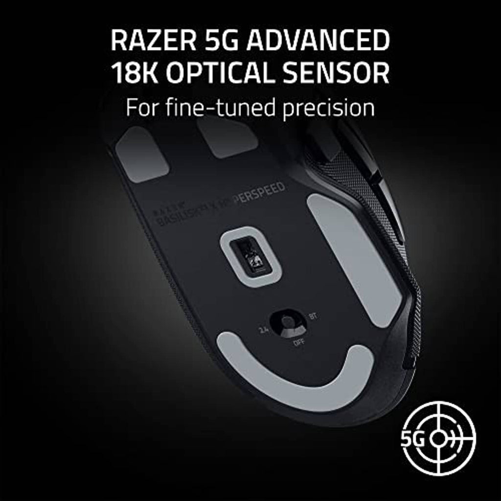Black gaming mouse top with textured side grips and central sensor module