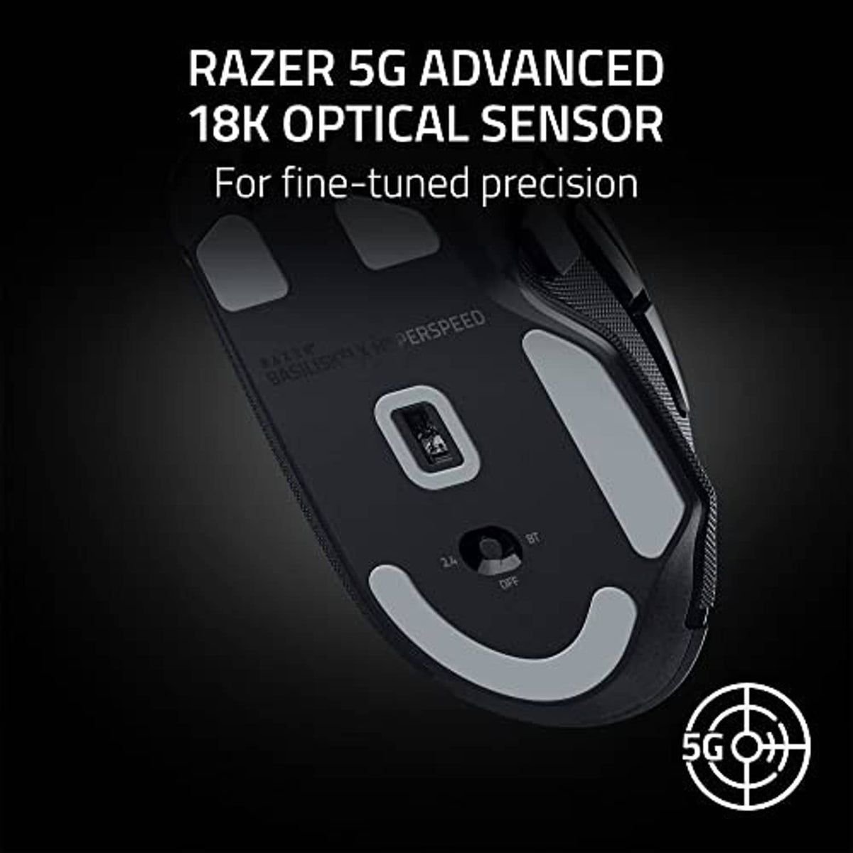Black gaming mouse top with textured side grips and central sensor module